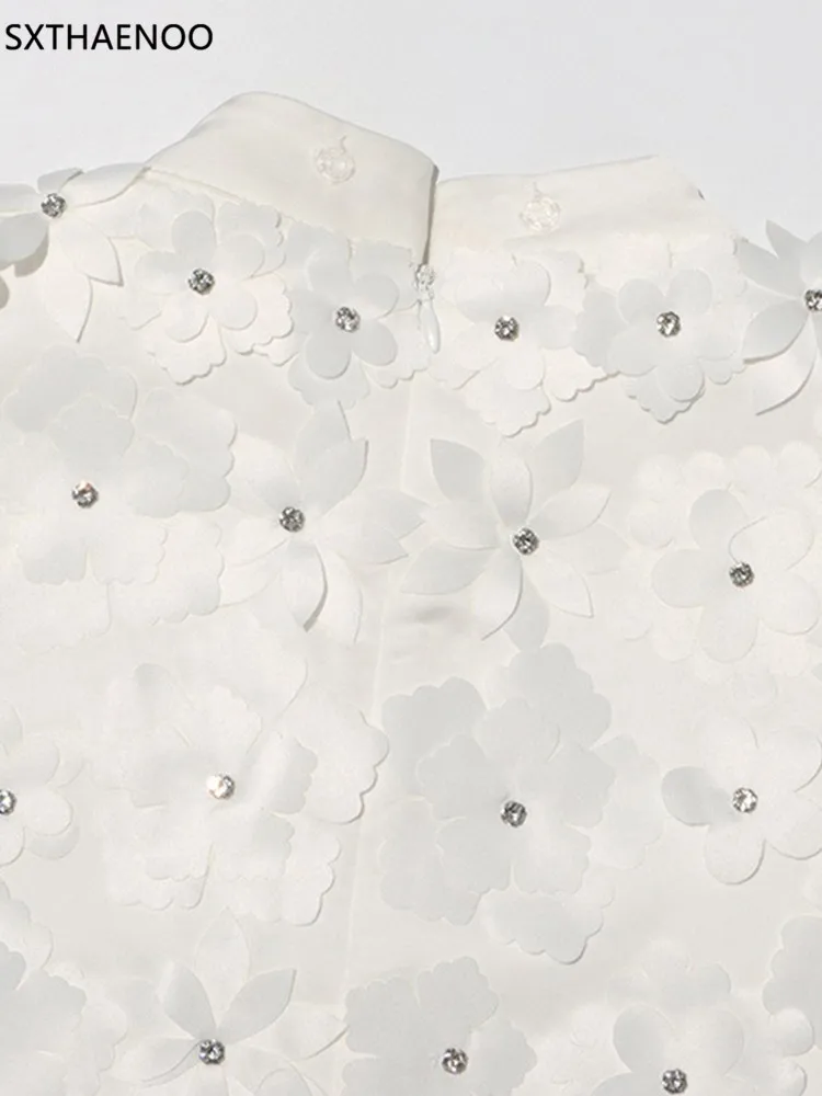 SXTHAENOO Zomer Dames 3D Bloem Diamant Witte Mini Jurk Sexy Opstaande Kraag Mouwloze Losse Celebrity Party A-lijn Dres