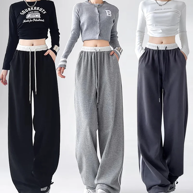 Spring Women Classic Stripe Sweatpants Lady High Waisted Designer Sports Trousers Female Daily Elastic Lace Up Wide Leg Pants