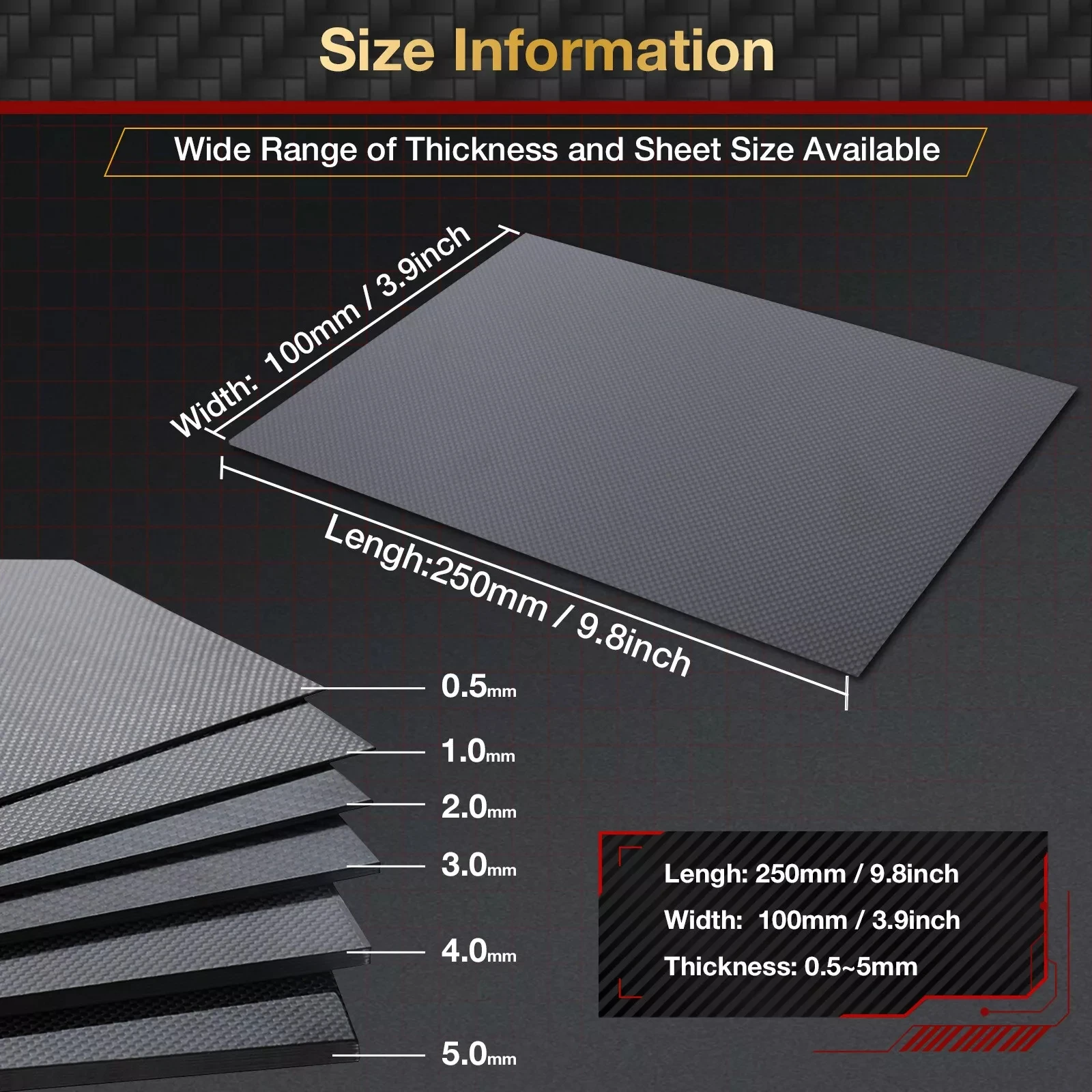 1pcs 100x250mm 3K High Hardness Carbon Fiber sheets 100% Pure Carbon Panel Board 0.5mm-6mm Thickness Carbon fiber model material