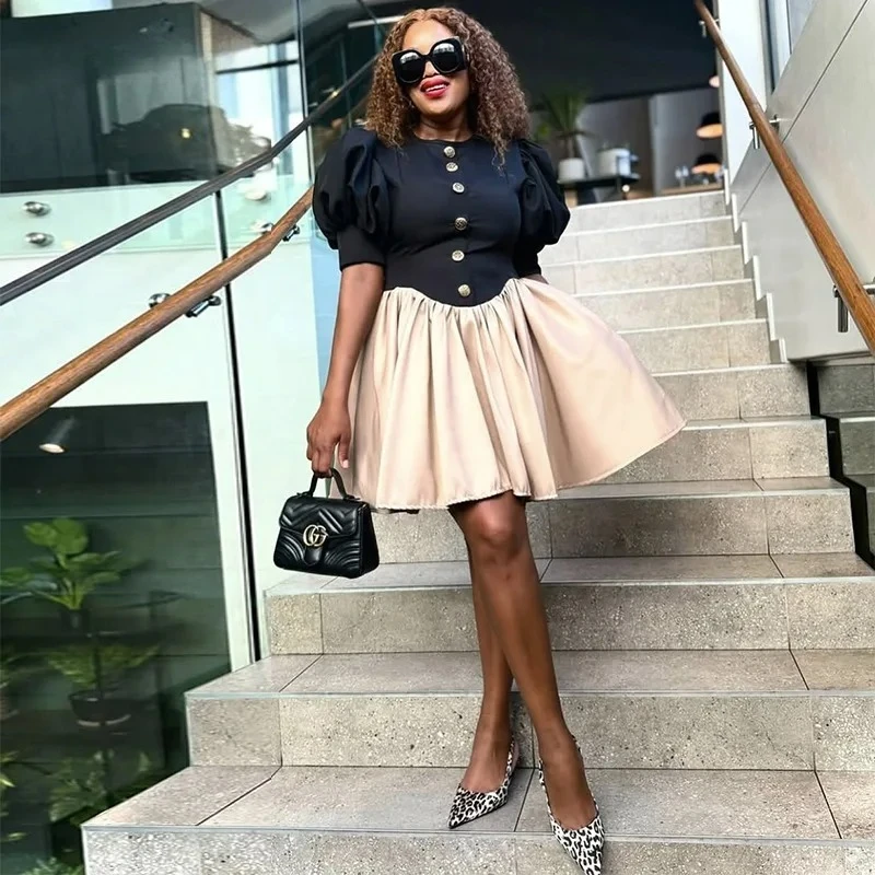 BWQ femmes Patchwork lanterne à manches courtes bouton épissage col rond grande robe trapèze 2025 anniversaire Sexy Club fête même robes 2025