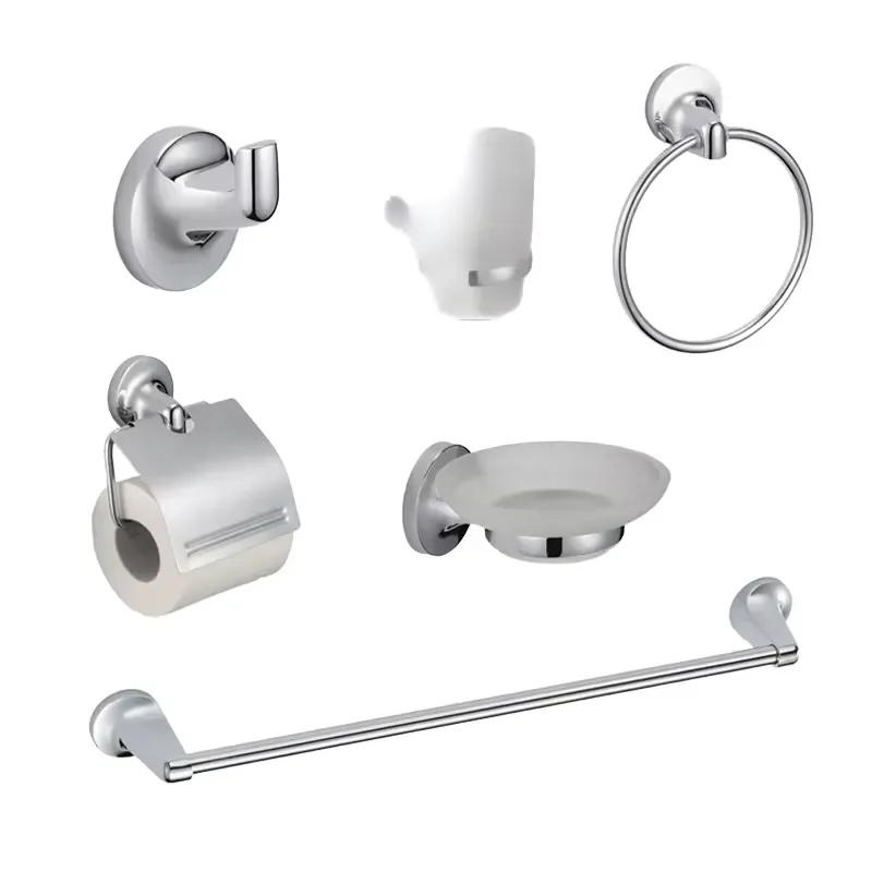 Modern Minimalist Chrome Zinc Alloy Wall Mounted 6 Piece Bathroom Accessory Set with Tissue Holder and Towel Rack