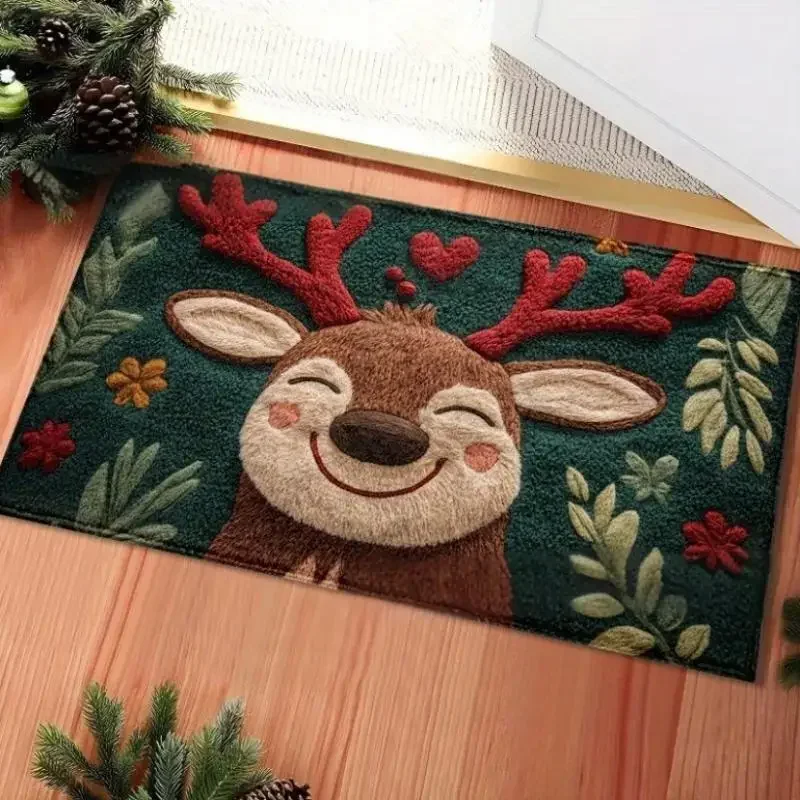 1pc Fluffy Christmas Deer Microfiber Bath Mat - Quick-Dry & Absorbent, Festive Holiday Design With Red Berries & Green Leaves