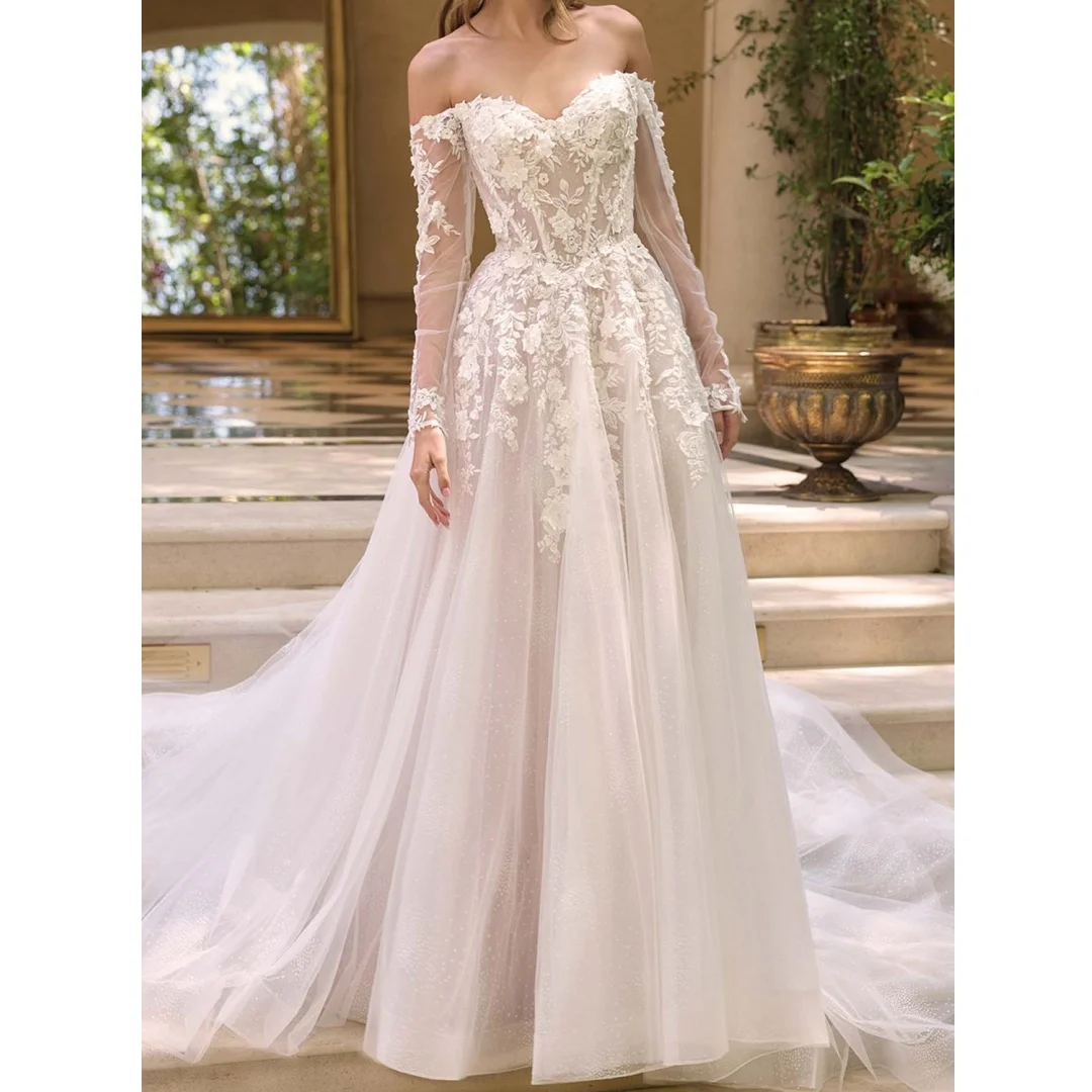 

Luxury Floral Lace Off the Shoulder Long Sleeves Brides Wedding Dresses Civil Marriage Haute Couture Dress Appliques Bridal Gown
