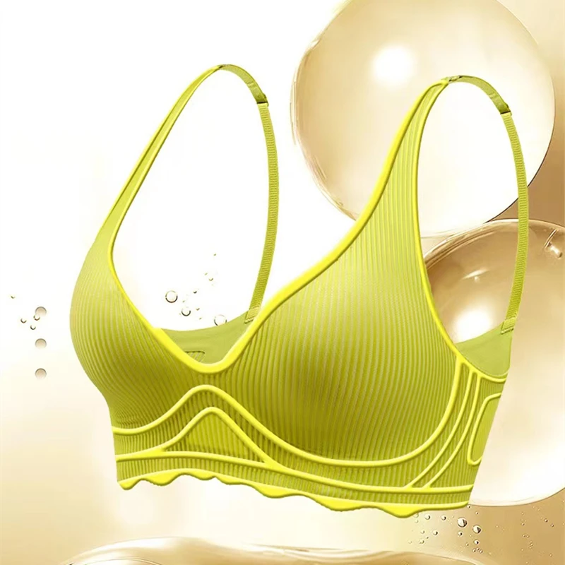 Seamless Women\'s Bra Small Chest Big Hollow Design Underwear Support Non-removable Semi-fixed Cup One Piece Striped Thin Bra