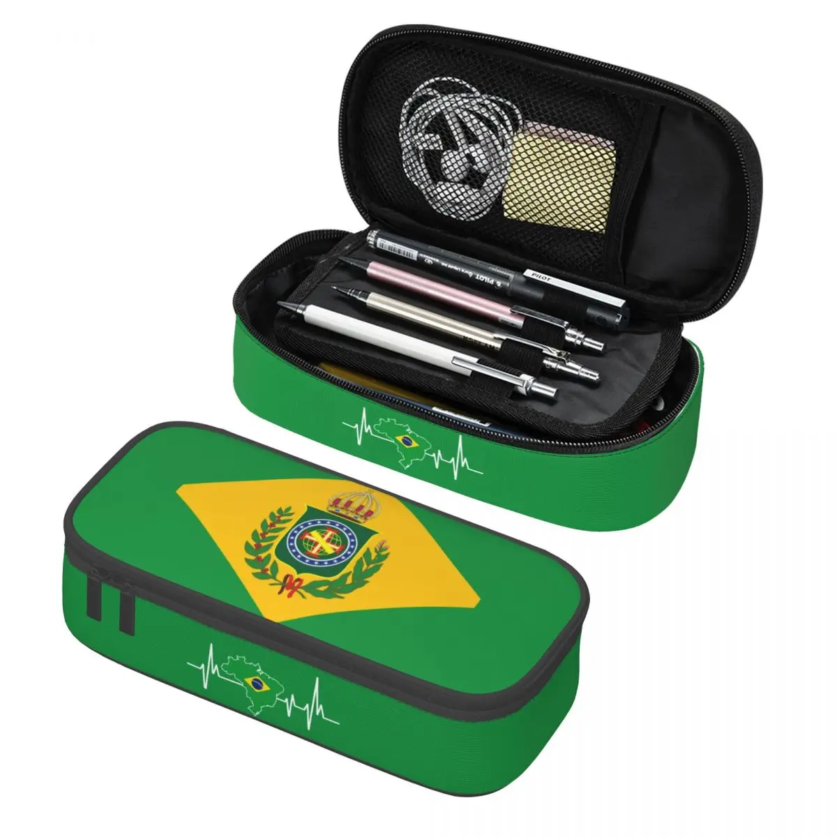 Custom Kawaii Heartbeat Design Brazilian Flag Brazil Pencil Cases for Brazilian Proud Large Storage Pen Bag Box School Supplies