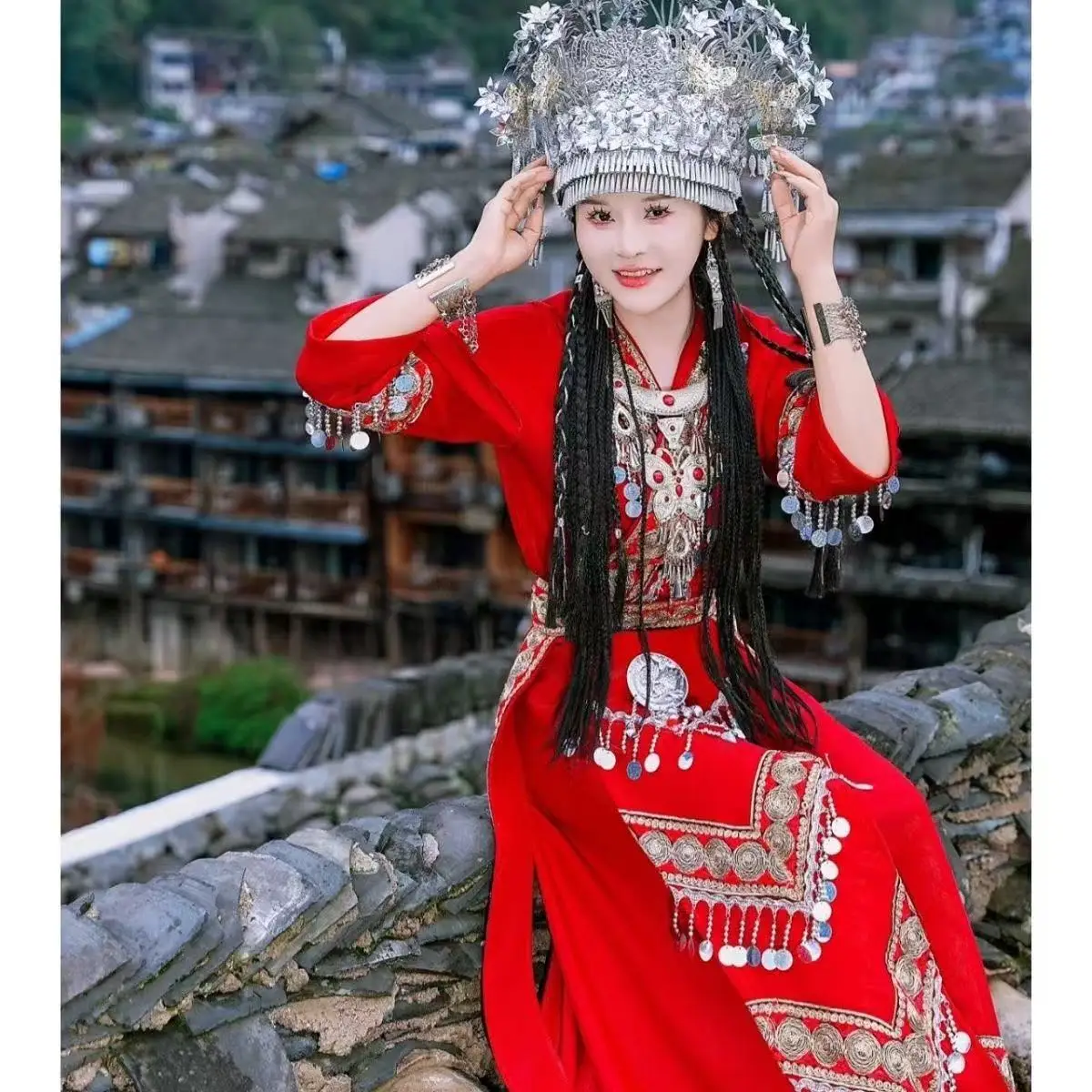 Classic Red Hmong Costume Women's Traditional Ethnic Minority Miao Clothing Travel Wedding Bride Uniforms Hanfu Female Hmong