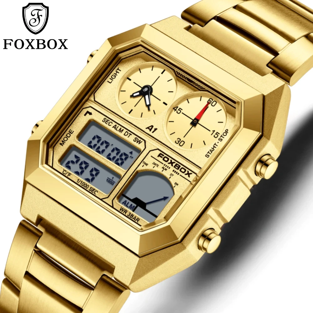 FOXBOX Luxury Square Digital Mens orologi cronometro conto alla rovescia orologio da polso calendario sveglia orologio uomo Relogio Masculino + Box