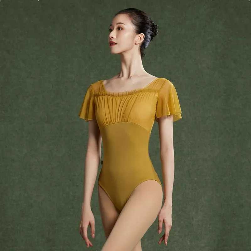 Neue Ballett Trikot Frauen Rüschen Ärmel Mesh Spleiß v Rücken Trikots Gymnastik Bade bekleidung Tanz kostüm Ballerina Tanz kleidung