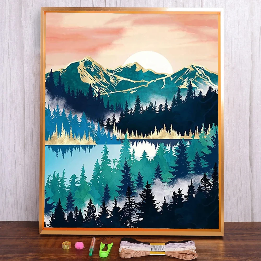 

Cross Stitch Mountain Tree Landscape 11CT Print Fabric Scenery Pattern Cross Stitch Craft Kit Embroidery Needlework Sets