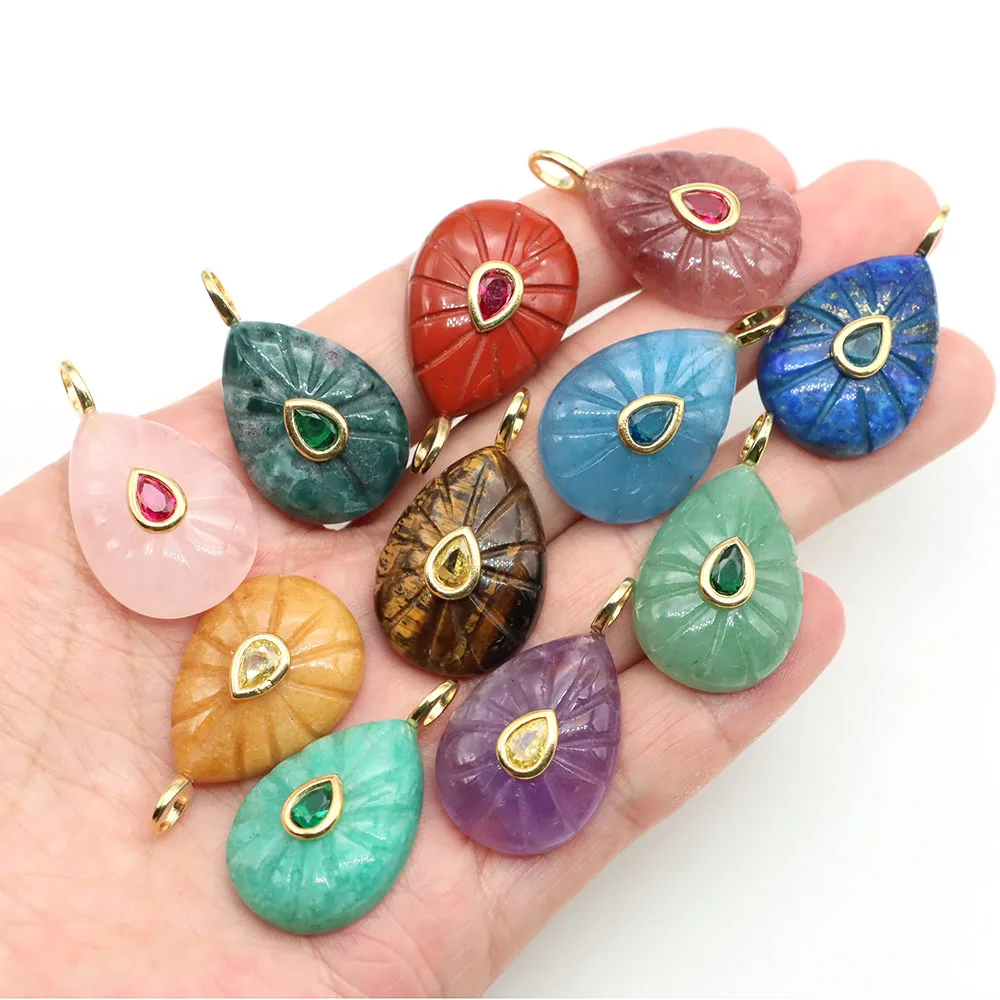 Natural Stone Water Drop Pendants Inlaid Zircon Amethyst Rose Quartz Teardrop Charms Crystal For Jewelry Making Necklace Supply