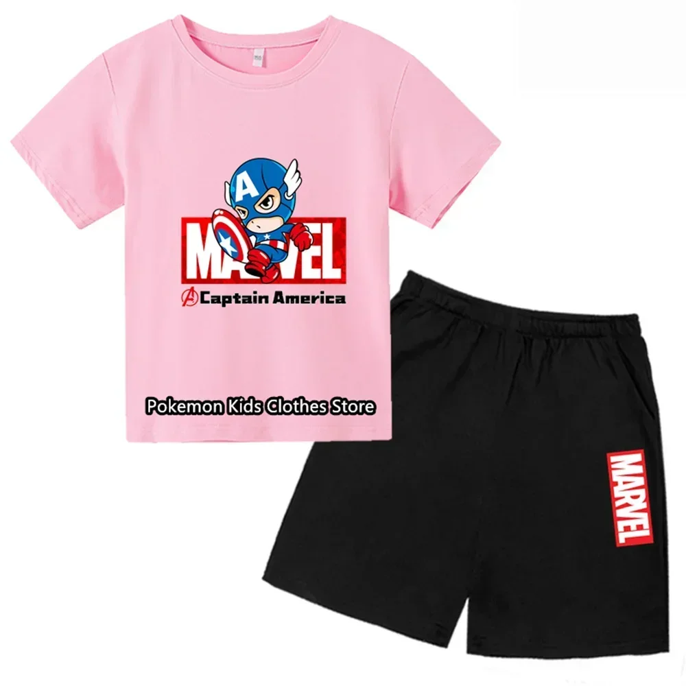 Spiderman Captain Amer Short Sleeve Kids T-shirt Fashion Boys Baby Casual Short Sleeve Shorts Girls Short Sleeve Suit