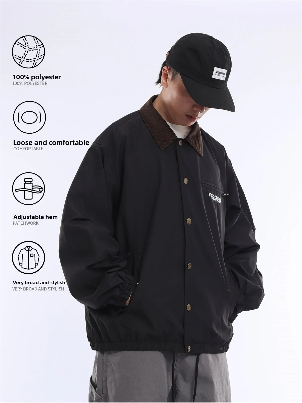 Loose Casual Men's Jacket Retro Contrast Color Collar Workwear Drawstring Functional  Jacket Autumn Trendy Brand Polyest...