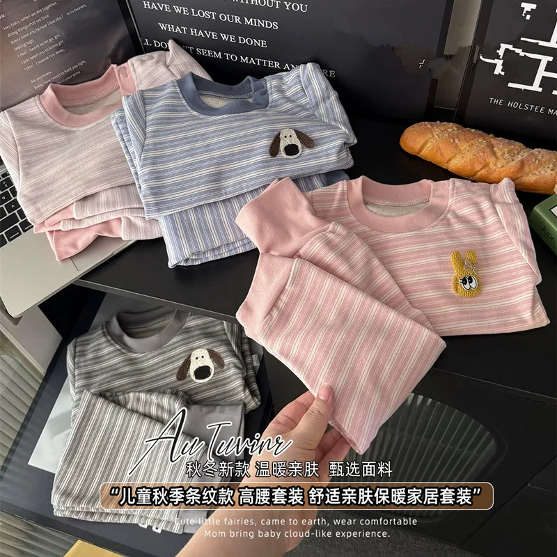 2PCS/Set Autumn Winter Thick Pajamas Children's Long Sleeve Home Clothes Fleece Lining Warm Underwear Clothes For Girls and Boys