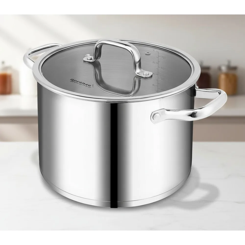 

8-литровая кастрюля из нержавеющей стали с крышкой, трехслойное основание для индукционной готовки, духовки и мытья в посудомоечной машине — идеально подходит для семейного питания