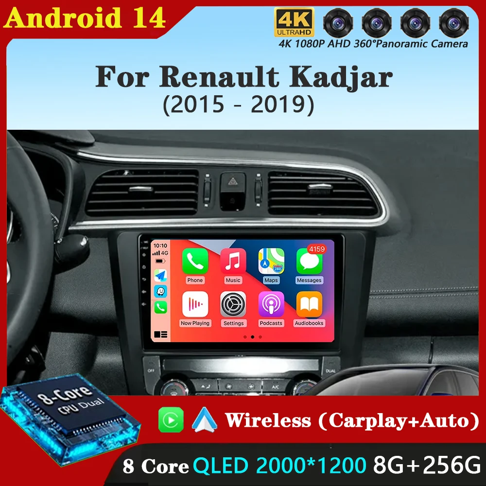 

Android 14 Carplay Car Radio For Renault Kadjar 2015 - 2019 Navigation Multimedia Player Stereo WiFi+4G video Auto DVD 360Camera