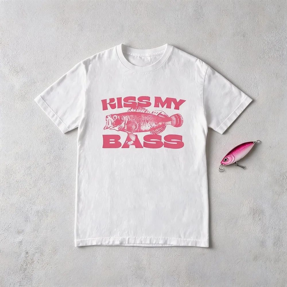 Kiss My Bass Vintage Style Fishing T-Shirt, Fisher Graphic Shirt Pink Design Limited Edition Menswear Birthday Christmas Day Menswear Birthday