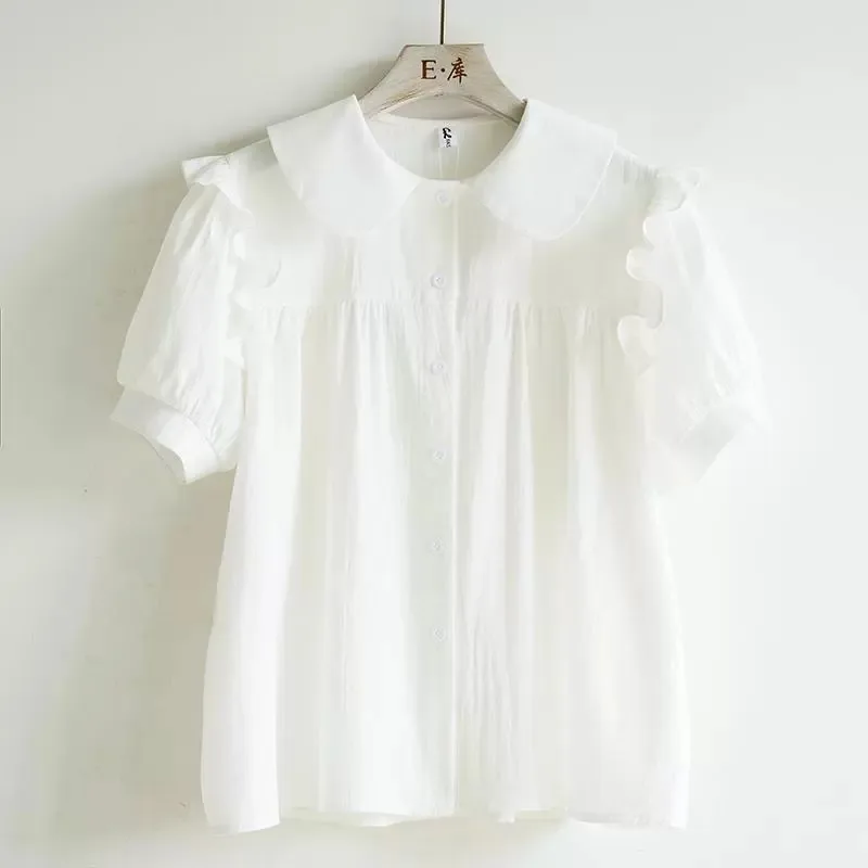 New Doll Neck Shirt Women's 2025 Summer Design Sensibility Niche Sweet Loose-Fit Short Sleeves Wood Ear Edge Distinctive Collar