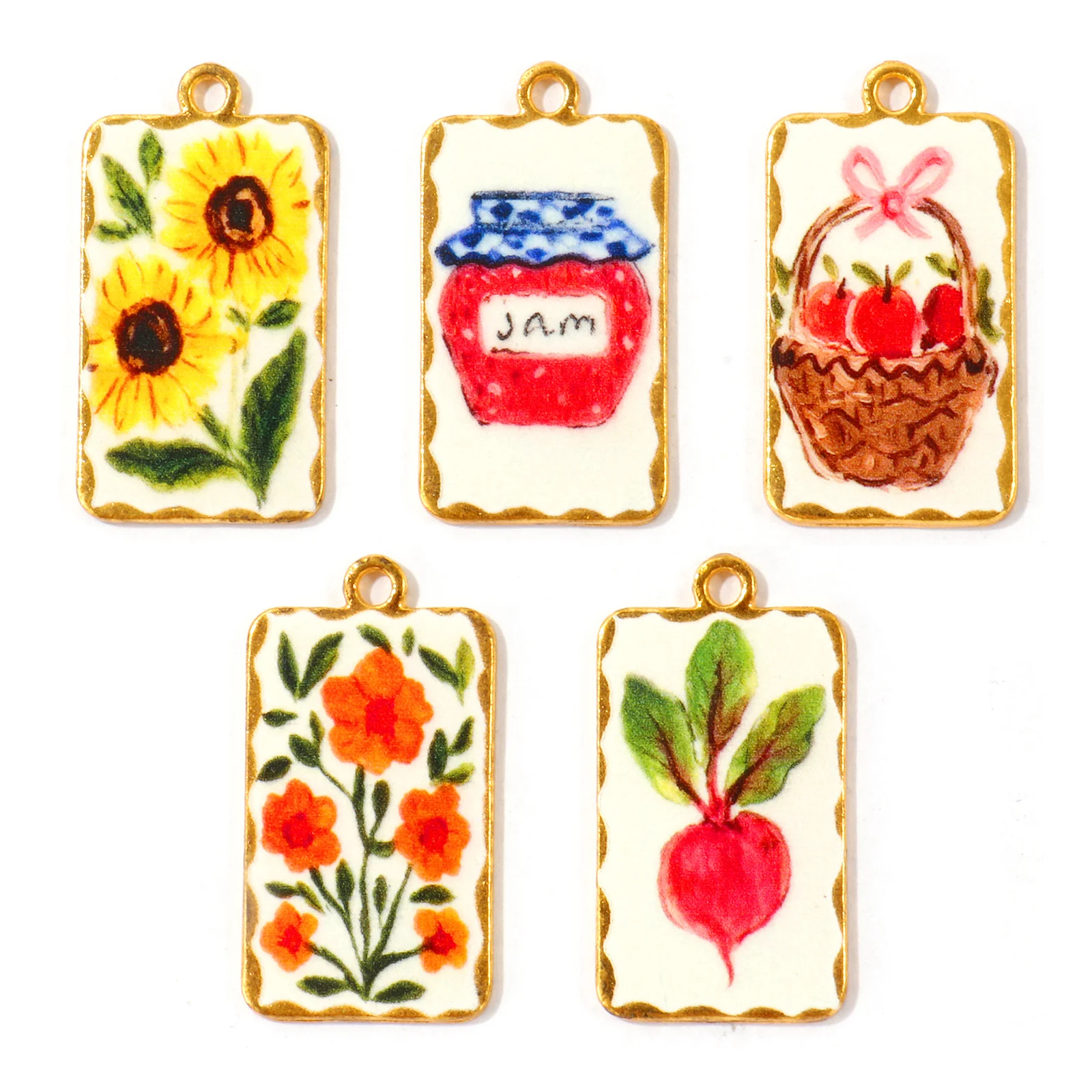 5 PCs Zinc Based Alloy Pendants Gold Plated Rectangle Printed Sunflower Apple Jar Charms DIY Necklace Making Wholesale 3.2X1.7cm