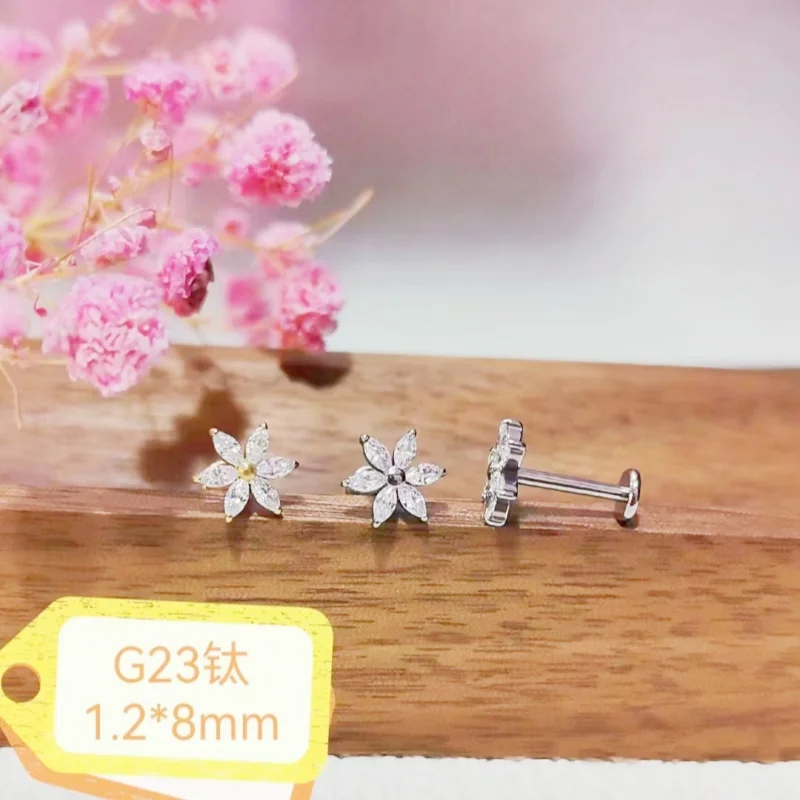 

Lot10pcs G23 Titanium Astm F136 Flower 6CZ Lip Labret Ring Bar Ear Cartilage Helix Rook Tragus Studs 16G Body Piercing Jewelry