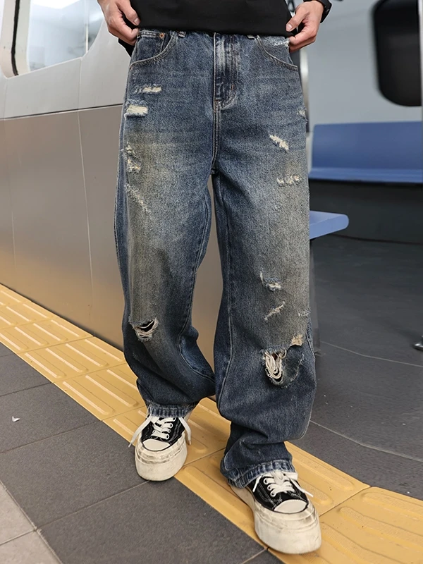 

Американские винтажные джинсы из денима с эффектом потертости, мужские свободные прямые брюки в уличном стиле, износостойкие хлопковые джинсы
