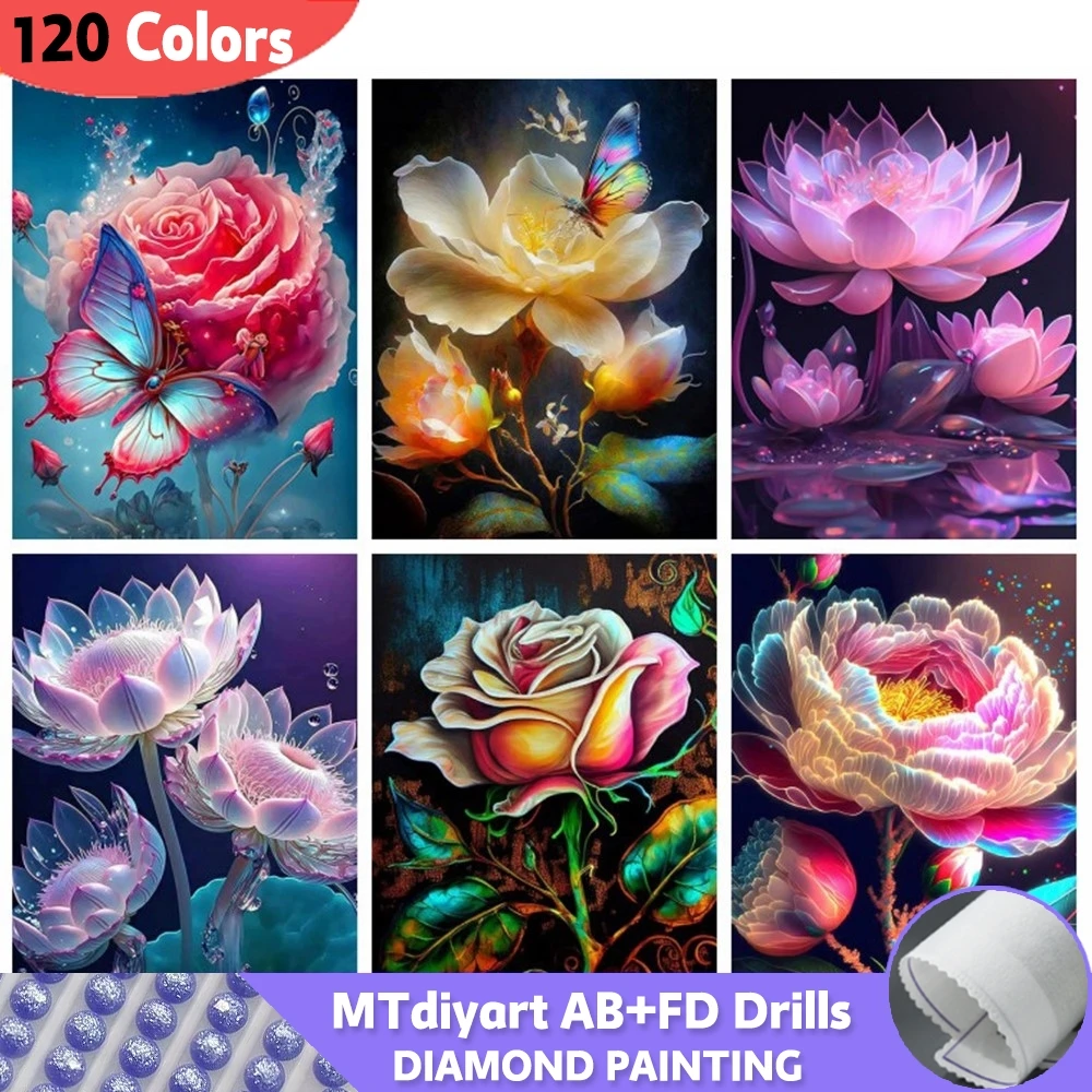 120 Colors AB Fairy Dust Full Square Round Diamond Painting Set Rose Lotus Embroidery Mosaic Flower Fantasy Home Decor