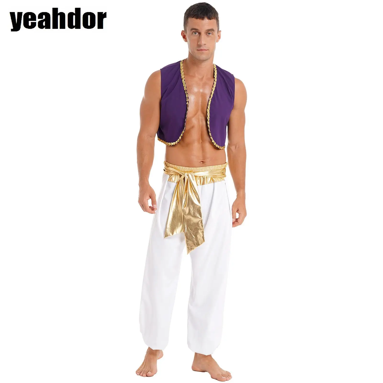 

Men Arabian Prince Cosplay Dress Up Sequin Waistcoat Vest Top And Belted Harem Pants for Halloween Carnival Party Dance Outfits