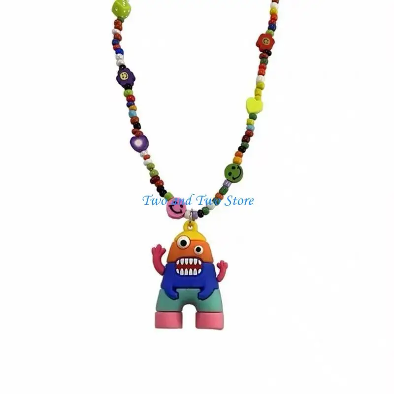 

HX6F Cartoon Monster-Pendant Necklace Jewelry Female Hip Hop Colorful Sweater Collar