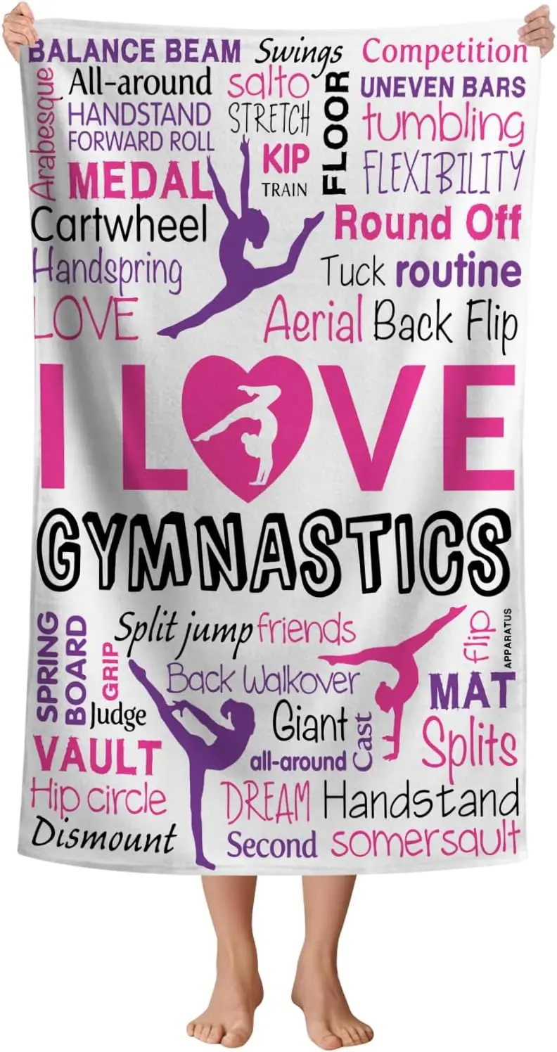I Love Gymnastics Beach Towel, Hot Pink and White Gymnast Design Quick-Dry Sandproof Bath Towel for Girls, Yoga and Pool