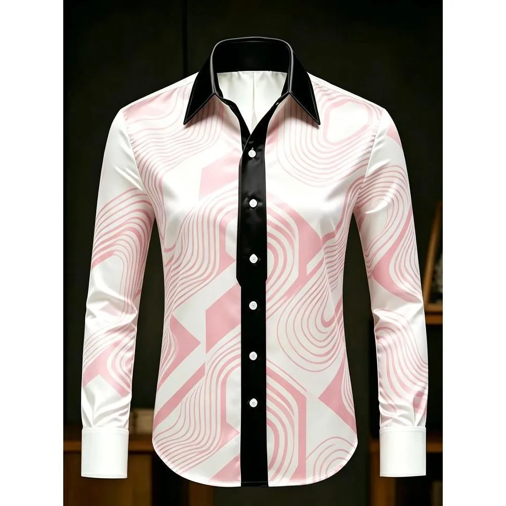 2026 new men's luxury satin long sleeved shirt with Baroque polka dot design and 3D printed pattern suitable for business street