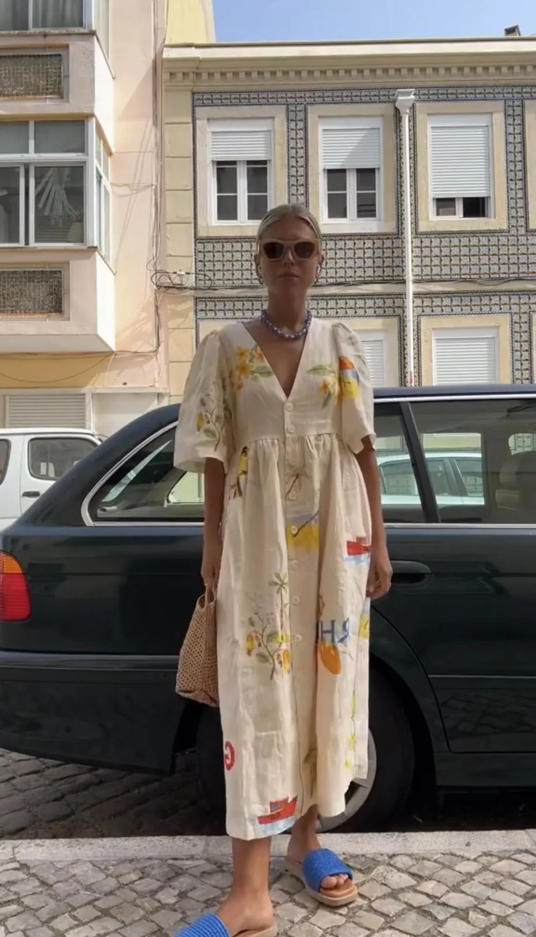Elegant Printed Dress Women V Neck Puff Sleeve Loose Midi Female Dresses 2024 Summer Holidays Casual Lady Beach A-Line Vestidos