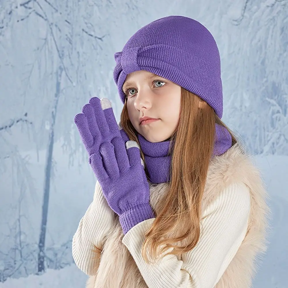 

3 шт./компл. однотонные вязаные шапки, теплая утолщенная ветрозащитная детская шапка, шарфы, перчатки, комплект, вязаная зимняя шапка с помпоном, подарочный набор