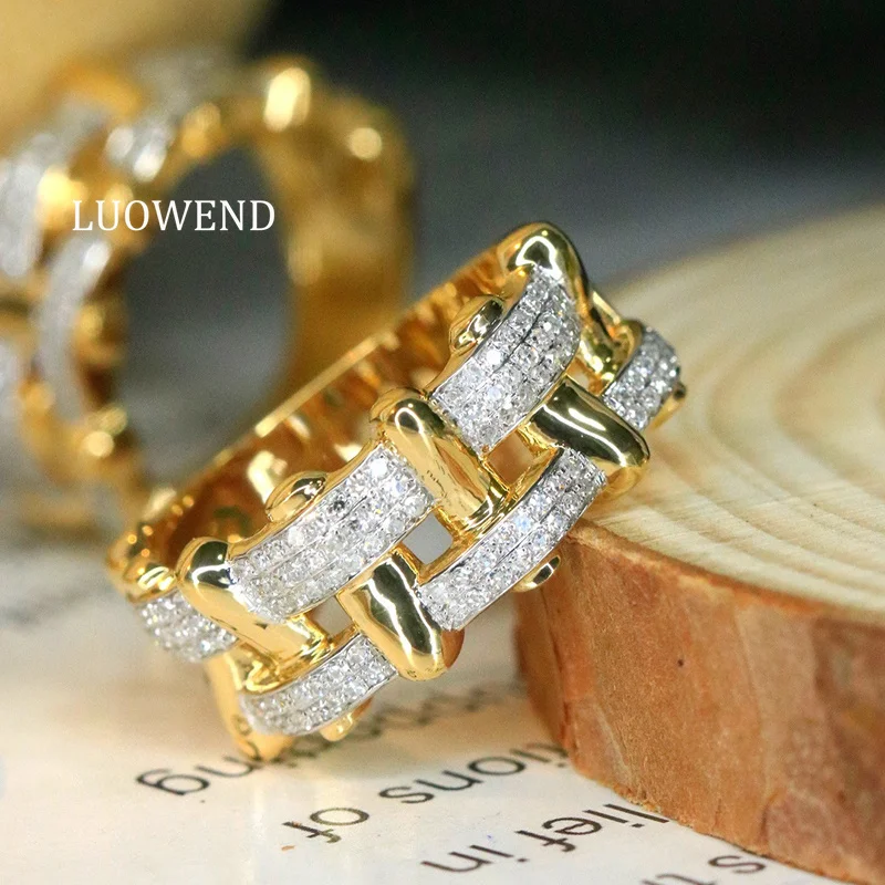 LUOWEND 100% 18K Yellow Gold Rings Fashion Metal Style Real Natural Diamond Engagement Ring for Women High Wedding Jewelry