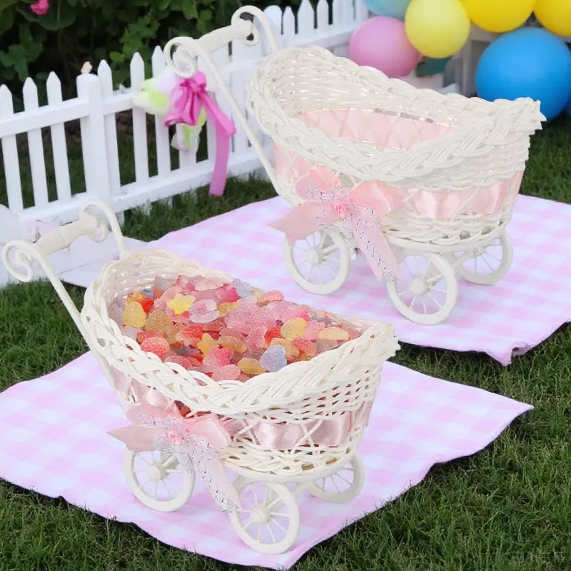2Pcs Cute Shopping Cart Style Woven Rattan Basket Ideal for Candy Chocolate Dried Fruit Sundries Storage Party Favors Home Decor