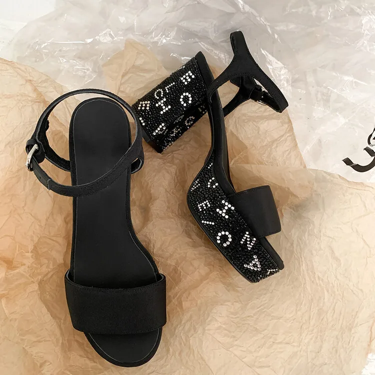 Black Leather Women Platform Sandals Rhinestone Letters Thick Bottom Summer Shoes Chic Design Chunky High Heels Sandalias Mujer