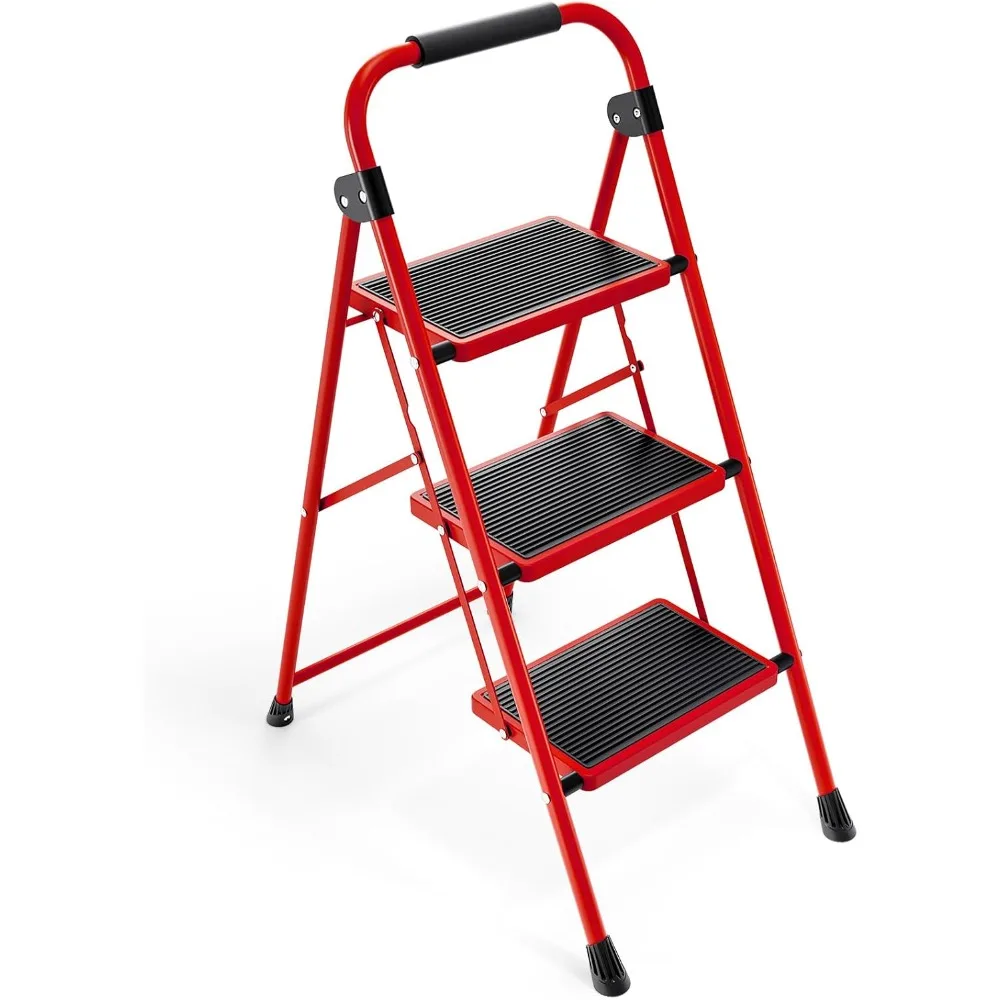 Escalera plegable de 3 escalones con peldaños antideslizantes, escalones anchos, diseño liviano, taburete portátil con pasamanos para uso en cocina