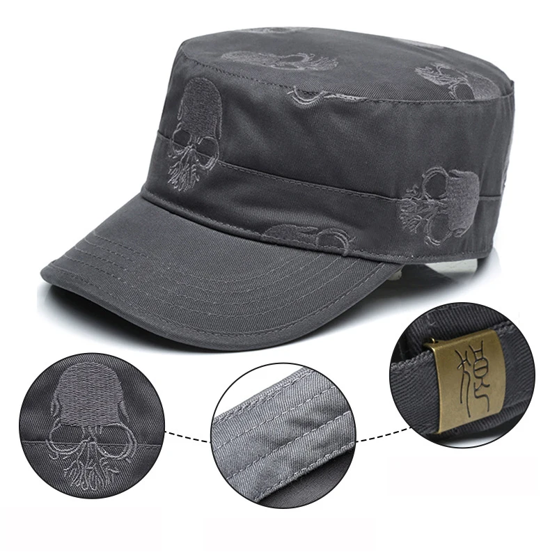 2022 Large Big Size Male Army Hat Cool Men Outdoor Casual Skull Embroidered Personality Leisure Flat Cap