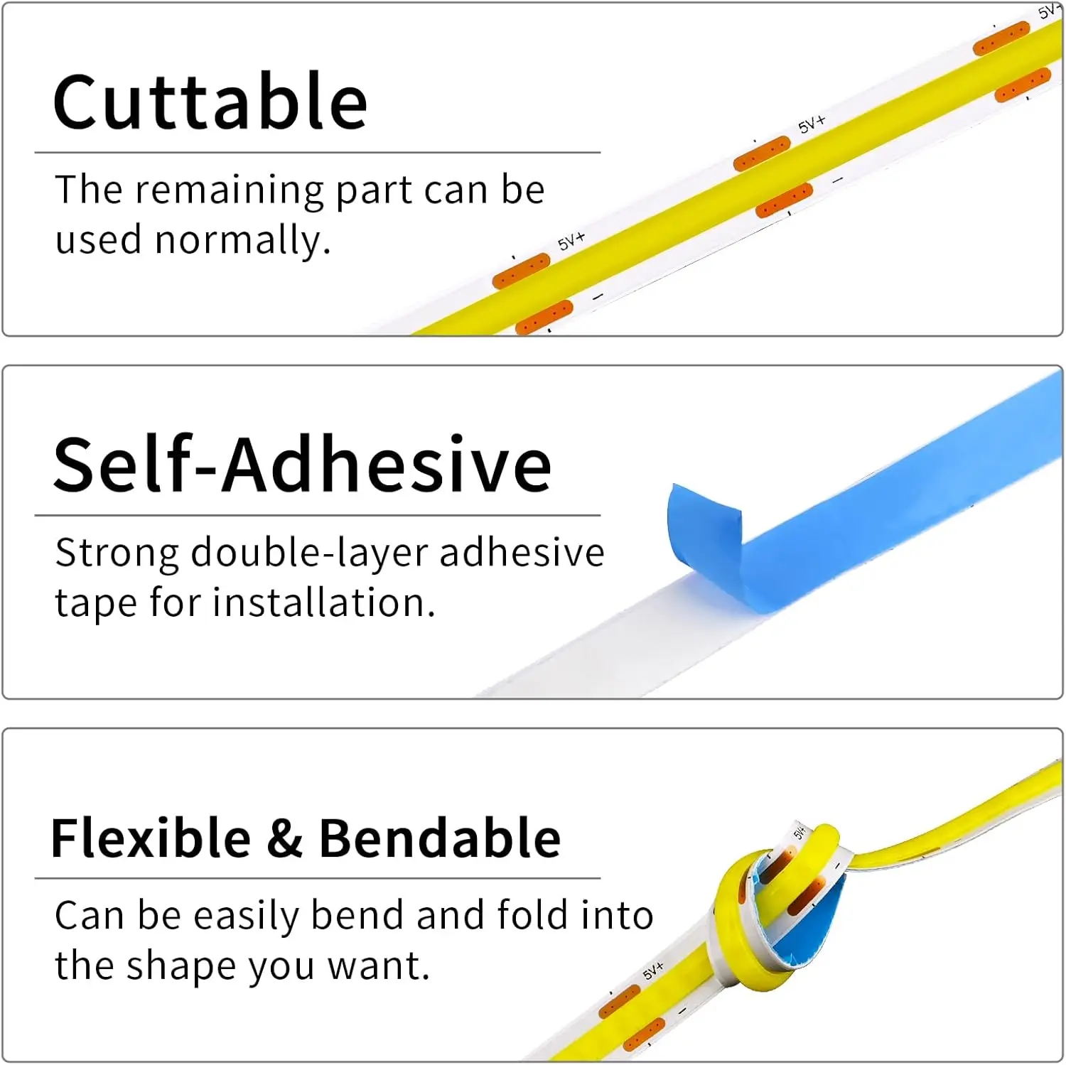 USB 5V COB LED Strip with 4AA Battery Flexible LED Tape Light 320LEDs High Density Linear Light Adhesive Tape Cabinet Backlight