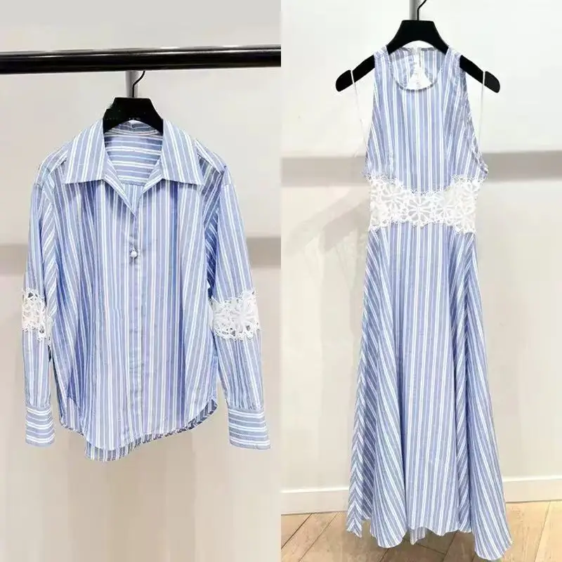 

Blue and White Striped Hollow POLO Collar Shirt and Suspender Dress Set 2025 Spring and Summer New Style Two Piece Set for Women