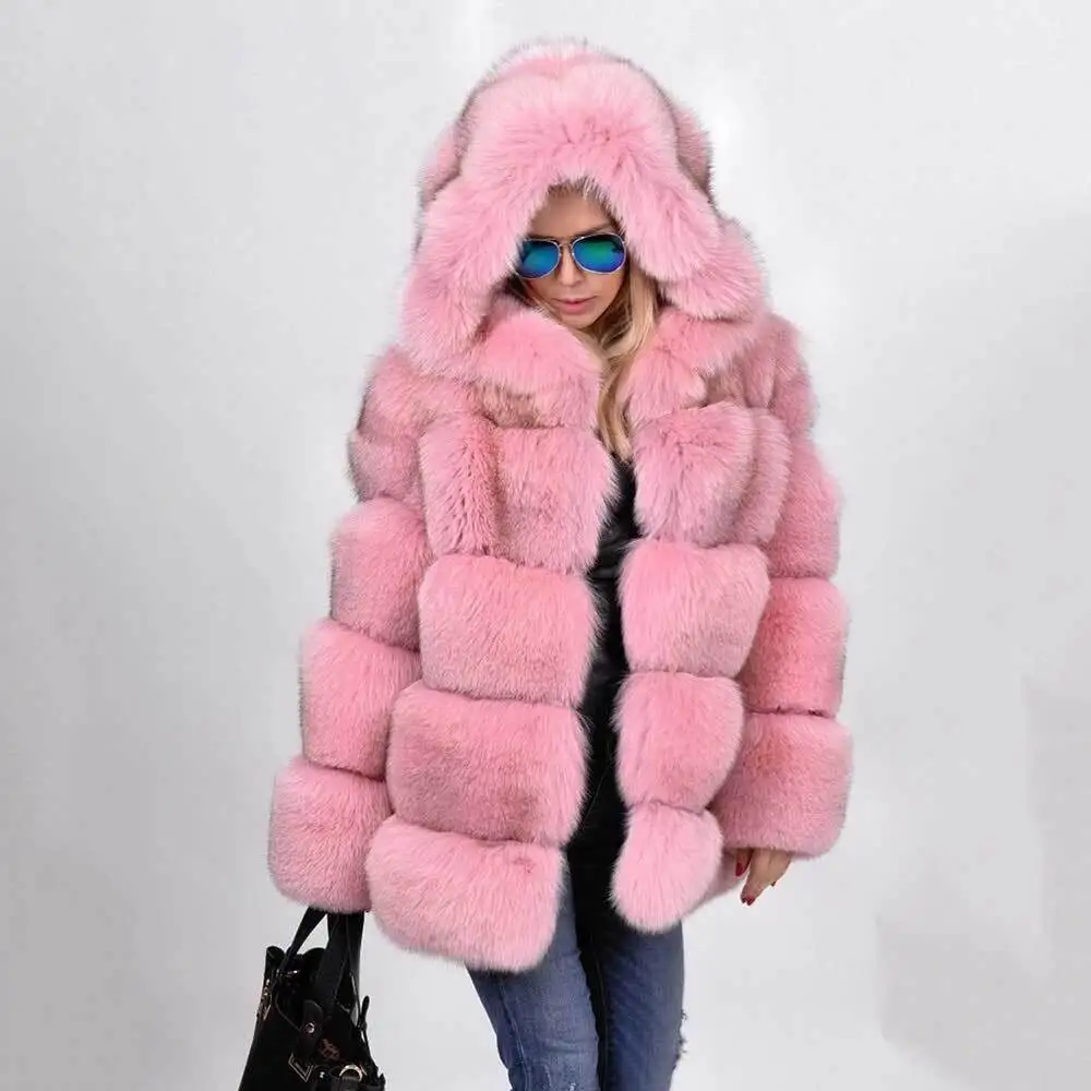 Mode Roze Dames Echte Vossenbontjassen Elegante Natuurlijke Bont Capuchon Warme Dikke Overjas Vrouwelijke Winter Echt Bont Jas