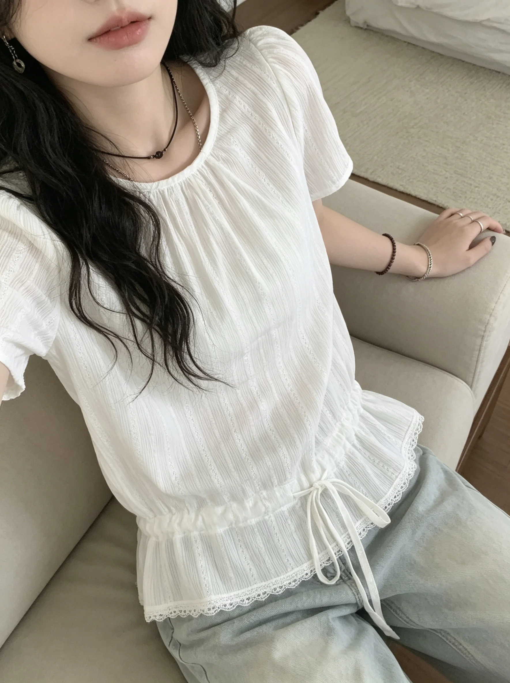 Lace Trim Splice Hem Drawstring Top, Round Neck, Solid Color Short Sleeve Shirt, Versatile Loose T-Shirt for Women