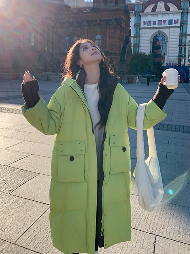 

Winter Thicken Hooded Long Down Jacket Women White Duck Down Big Pocket Parker Outwears Female Zipper Warm Knee Length Jackets