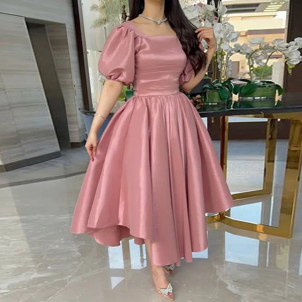 Blush Pink Saudi Arabia Midi Prom Dresses Customized A Line Formal Prom Party Gowns Short Sleeves Pleats Women\'s Evening Dress