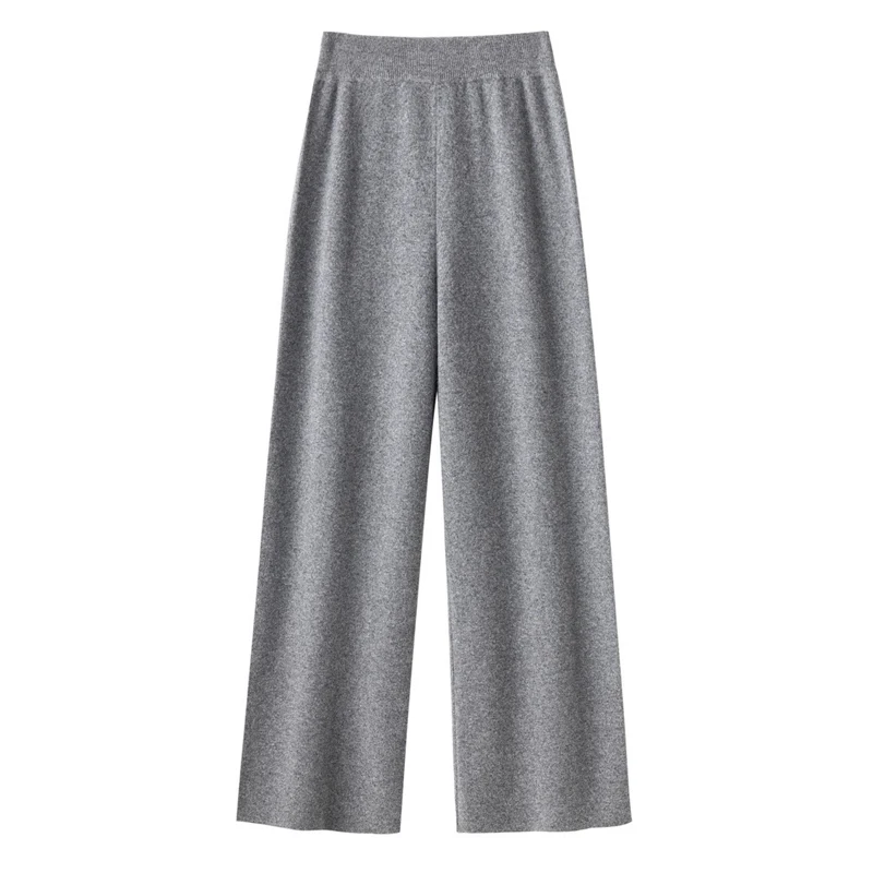 

Женские эластичные широкие брюки с высокой талией из 100% шерсти, осень-зима, повседневные женские свободные прямые широкие трикотажные шерстяные длинные брюки