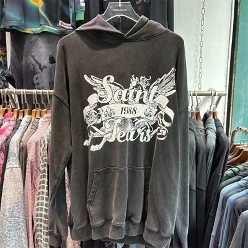 

Американская уличная ретро модная толстовка с капюшоном SAINT, мужская и женская повседневная свободная пуловер, высококачественная толстовка с буквенным принтом