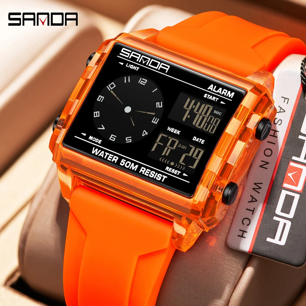SANDA Fashion Electron Analog Watch for Men Women Waterproof Square Dial Count Down Timer Digital Wristwatch Man World Time