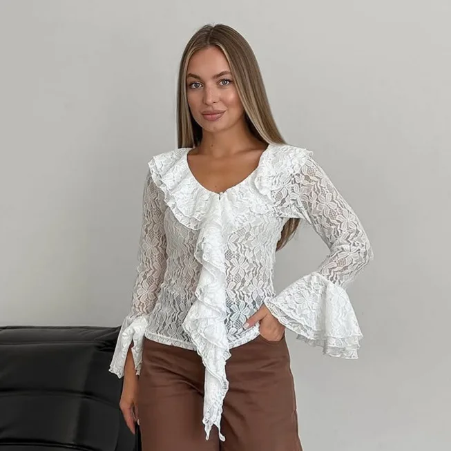 

Женская кружевная вязаная футболка с длинным рукавом и прозрачными вставками, новинка весны 2026, элитный топ