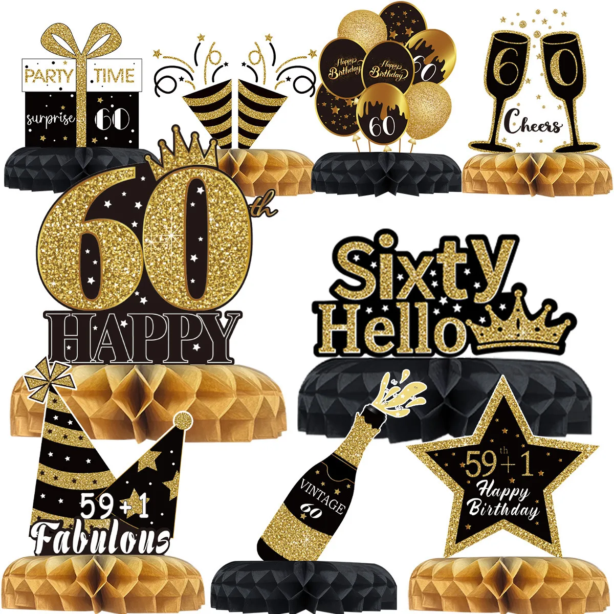 Black Gold Birthday Honeycomb 18 21 30 40 50 60 65 70 Year Ball Paper Birthday Party Decor Adults Happy Birthday Party Supplies