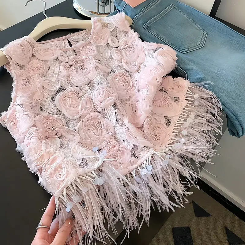

Design sense niche three-dimensional flower sequined fringed lace vest women's 2025 summer new Korean unique top