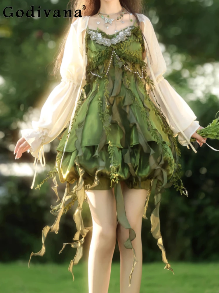 

2025 Spring Autumn Fashion Lolita New Chinese Tassel Bead V-Neck Irregular Suspender Dress White Long Sleeve Lace-Up Shirt Sets