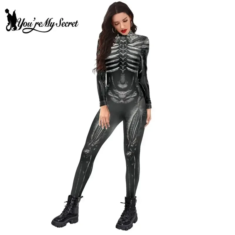 [You're My Secret] Halloween Skeleton Costume Bodysuit 3D Stretch Skinny Jumpsuit Womens Rompers Party Zentai Outfit Catsuit